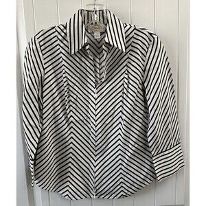 Talbots Black and White Striped 3/4 Sleeve Zip Front Collared Womens Top Size 2P